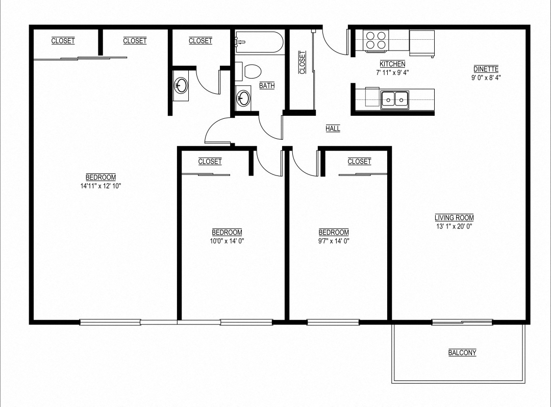 Floor plan for 3 beds, 1.8 baths, 1360 sqft